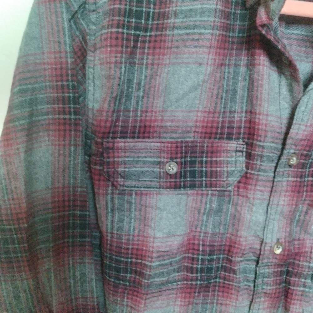 George Gray and Burgundy Plaid Flannel Button Down Shirt Size Small - Picture 7 of 11